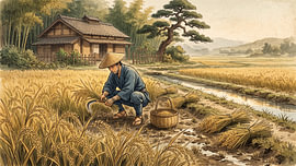 Traditionelle Reisernte auf dem japanischen Land von my pixel art