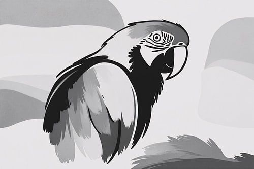 Illustration minimaliste en noir et blanc d'un perroquet
