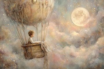 Hot air balloon by Moonlight - Dreamy Painting by Peter Pen Drawings and Paintings