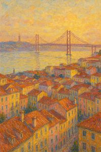 Lissabon 25 de Abril-brug Zonsondergang – Taag Rivier Stadsgezicht Impressionistische kunst