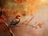 Gemälde in Goldfarben eines bunten Vogels auf einem Ast.