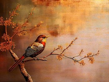 Gemälde in Goldfarben eines bunten Vogels auf einem Ast.