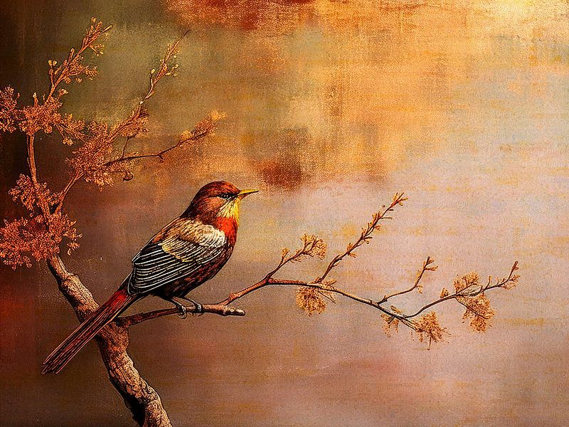 Painting in gold colours of a colourful bird on a tree branch. by Studio Pieternel