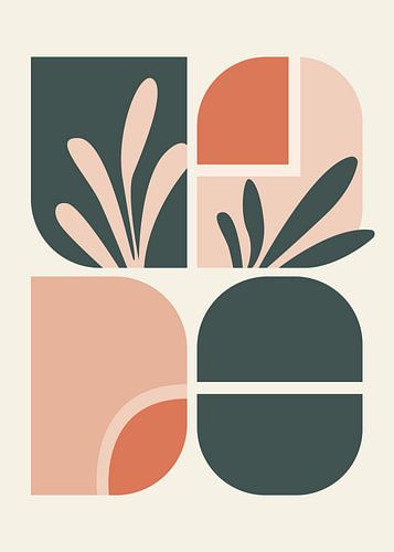 Minimalistische, abstracte, geometrische en organische vormen in ingetogen aardetinten.