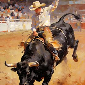 Cowboy auf bockendem Stier - Western Kunst von Mellow Art