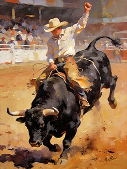 Cowboy sur un taureau - Western Fine Art