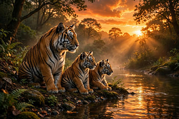 Eine Tigerin mit zwei Jungen sitzt bei goldenem Sonnenuntergang am Flussufer