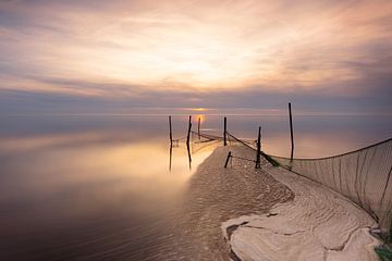 Coucher de soleil calme près de cannes à pêche et de filets de pêche sur la mer des Wadden sur KB Design & Photography (Karen Brouwer)