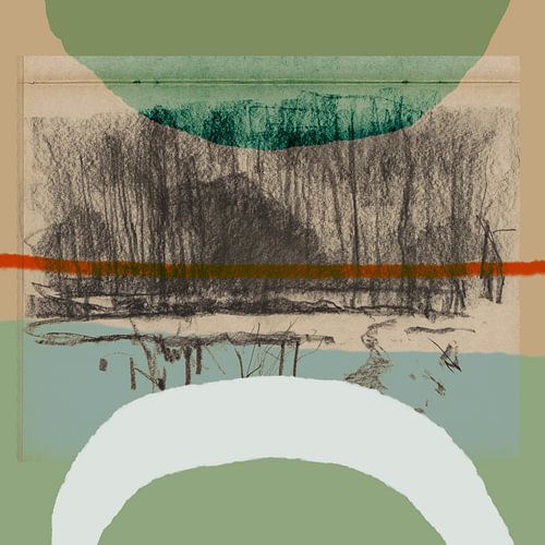 Moderne abstracte mixed media kunst. Collage met een landschap met bomen in groen, beige, rood