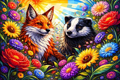 Le renard et le blaireau parmi les fleurs