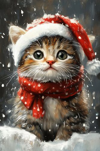 Winterse Blik - Kitten met Kerstmuts en Sneeuwsjaal