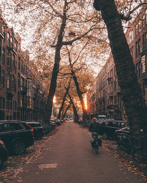 Bright orange sunset with a cyclist on the Lomanstraat in Amsterdam by Michiel Dros