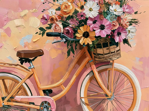 Vélo orange avec un panier rempli de fleurs