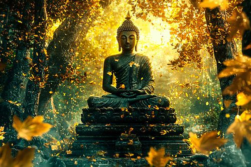 Boeddha met gouden herfstbladeren