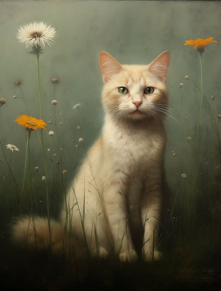Beige Kat in de Wilde Bloementuin van Emil Husstege