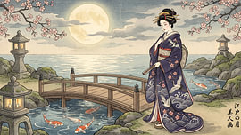 Geisha im Mondschein auf einer Holzbrücke zwischen Koi und Blüten von my pixel art