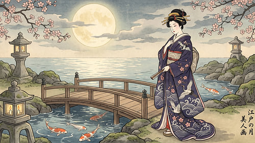 Geisha im Mondschein auf einer Holzbrücke zwischen Koi und Blüten