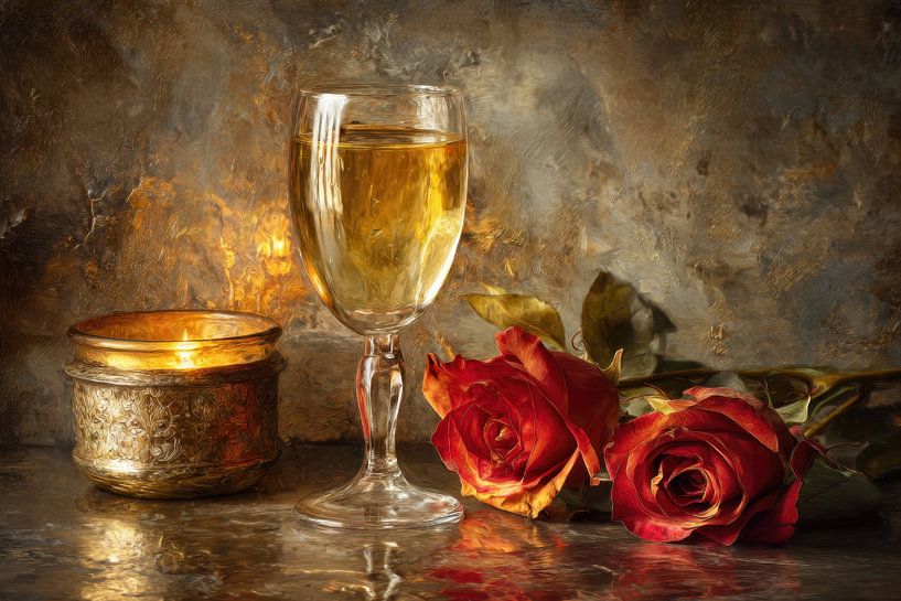 Luxury still life with champagne and red roses by Joriali Fine Art