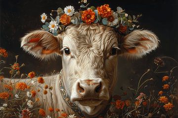 Décoration florale et idylle à la ferme : une vache avec une couronne de fleurs comme incarnation de la beauté rurale sur Felix Brönnimann