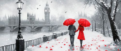 Couple in love in the snow in London by Poster Art Shop