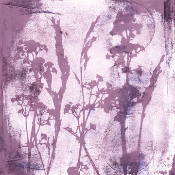 Abstrakte Retro-Botanik. Blumen, Pflanzen und Blätter in lila und rosa von Dina Dankers
