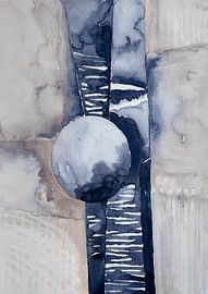 Aquarelle abstraite bleue avec cercle et lignes verticales sur Ela Szczepaniak