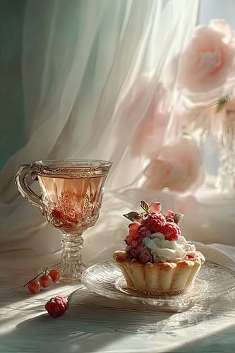 Kristallen Glas met Rozen en Aardbeientaartje - Elegant Stilleven