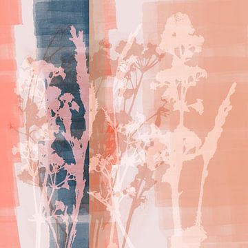 Moderne abstracte botanische kunst in pastelkleuren. Blauw, roze, koraal