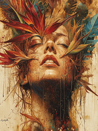 Sienna Blossom – Surrealist Portrait of a Woman with Expressive Oil Painting and a Tropical Floral Effect