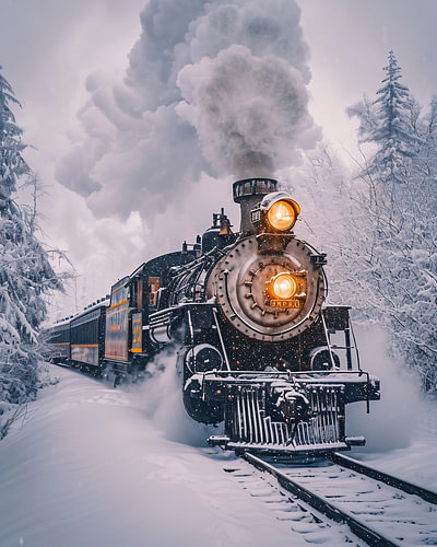 Historic train in the winter forest