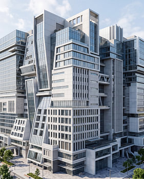 Zeitgenössische Hochhausarchitektur mit Glasfassaden und geometrischen Strukturen
