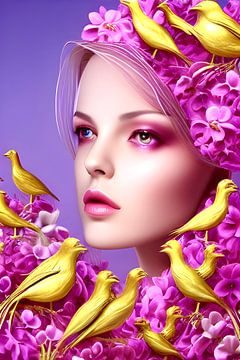 Garden of Eden II - zingende gouden vogels en een vrouw met roze bloemen  - digitale illustratie van Lily van Riemsdijk - Art Prints with Color