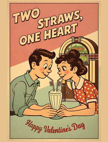 Zwei Strohhalme ein Herz Retro Soda Shop Valentine Grafik Porträt von Ramy Salah Hefny