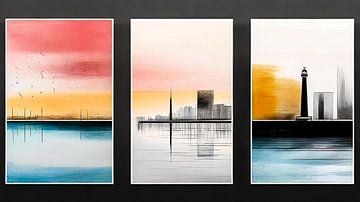 Panorama havenstad drieluik 01 van Manfred Rautenberg Digitalart
