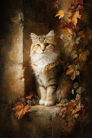 Goldene Blätter –  Verträumtes Katzenbild von Peter Pen Zeichnungen und Gemälde