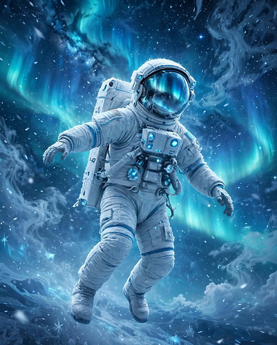 Floating Astronaut in Nebula and Ice Crystals