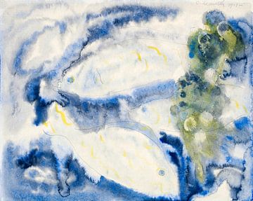 Aquareltekening in blauw en groen. Vissen serie nr. 1 door Charles Demuth