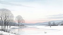 Watercolor Painting of Winter Landscape with Snow, Lake, Trees,  by Markus Gann