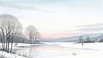 Peinture à l'aquarelle d'un paysage d'hiver avec neige, lac, arbres,