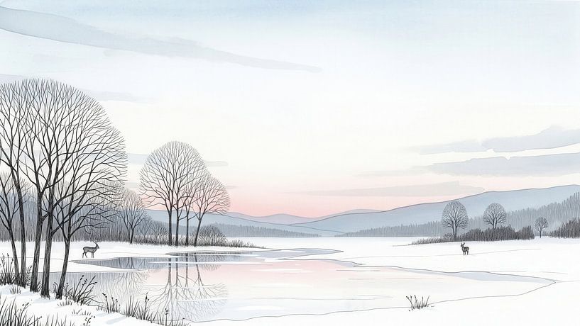 Aquarellmalerei von Winterlandschaft mit Schnee, See, Bäume, von Markus Gann