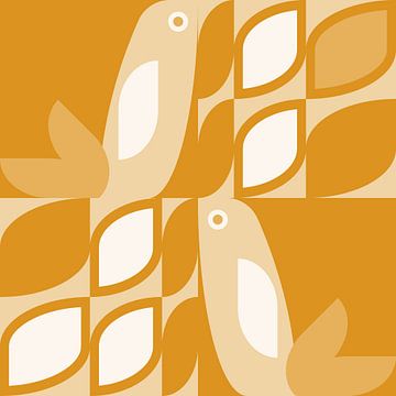 Scandinavian retro. Birds and leaves in yellow, ocher and  white by Dina Dankers