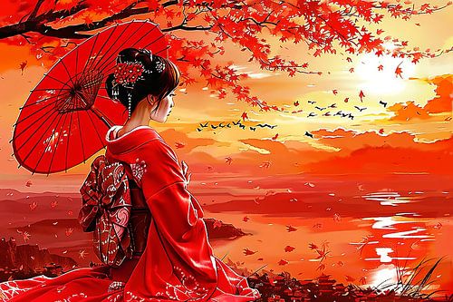Geisha schilderij rood
