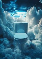 Zwevend toilet in een wolkenlandschap