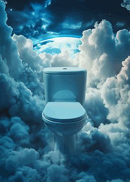 Zwevend toilet in een wolkenlandschap