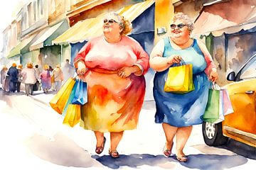 2 sociable ladies walk down the shopping street by De gezellige Dames
