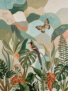 Design biophilique moderne avec papillon exotique, monstera et fougères