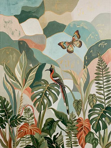 Modernes biophiles Design mit exotischen Schmetterlingen, Monstera und Farnen