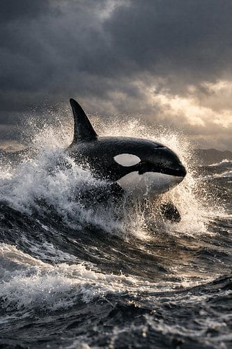 Springende Orca in Woeste Oceaan bij Zonsondergang – Dramatische Wildlife Actiefoto
