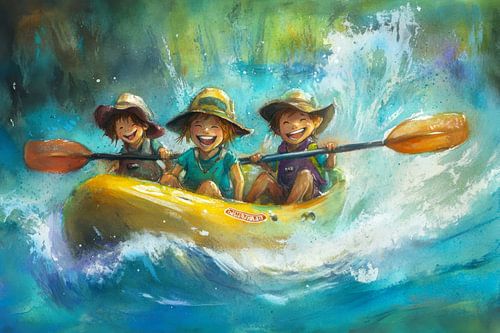 Colourful painting of children in a canoe