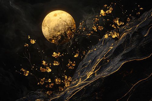 Gouden maan met bloeiende takken